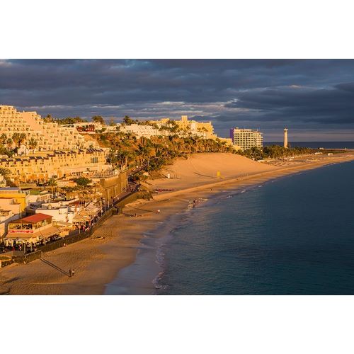 Canary Islands-Fuerteventura Island-Morro Jable-high angle view of Playa de la Cebada beach-sunset
